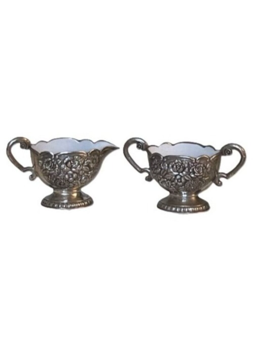 Vintage Himark Eales 1779 Silver Plated Sugar & Cream Set Rose Pattern Enamel
